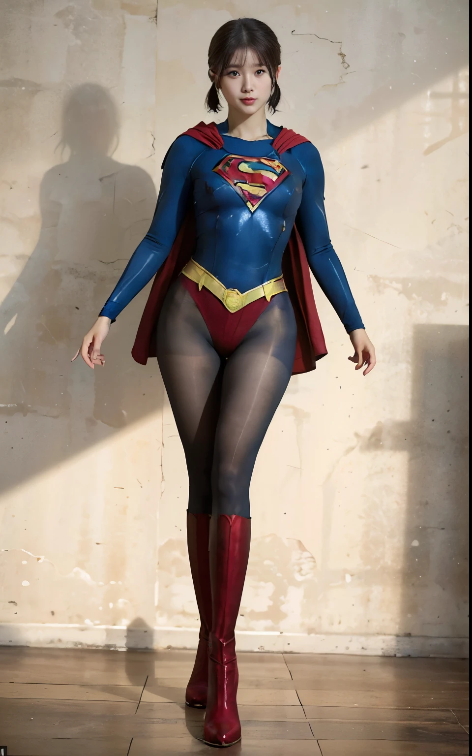 No background、(((Beautiful legs in black tights.)))、(((Legally express the beauty of your smile)))、((((Make the most of your original images)))、(((Supergirl Costume)))、(((Beautiful hair with twin tails)))、(((suffering)))、(((Please wear black tights....、Wear red boots)))、((Best image quality、8K))、((Highest quality、8K、masterpiece:1.3))、(((Preserve background )))、Sharp focus:1.2、Beautiful woman with perfect figure:1.lim Abs:1.2、Wet body:1.5、Highly detailed face and skin texture、8K