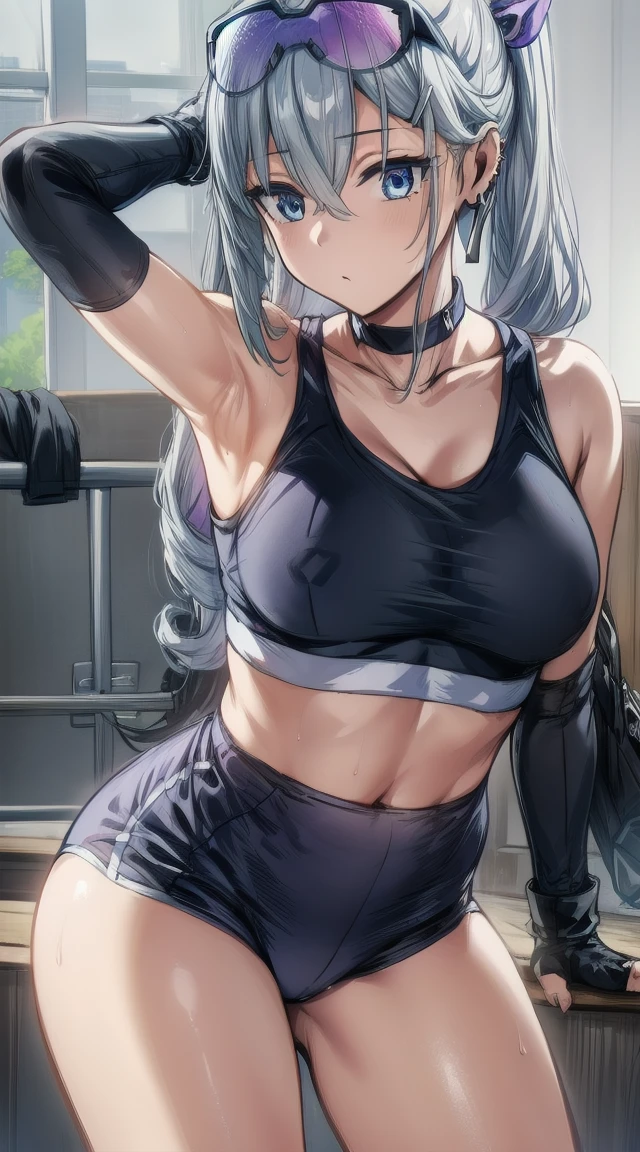 1girl,silver hair
BREAK ((hair ornament, gloves, jewelry, flat breasts,  hair ribbon,  thighs, earrings,choker, black gloves, hairclip, fingerless gloves, armpits,sunglasses, fishnets, eyewear on head :1))
BREAK ((school gym outfit:1.4))
BREAK indoors,
BREAK looking at viewer, 
BREAK (masterpiece:1.2), best quality, high resolution, unity 8k wallpaper, (illustration:0.8), (beautiful detailed eyes:1.6), extremely detailed face, perfect lighting, extremely detailed CG, (perfect hands, perfect anatomy),