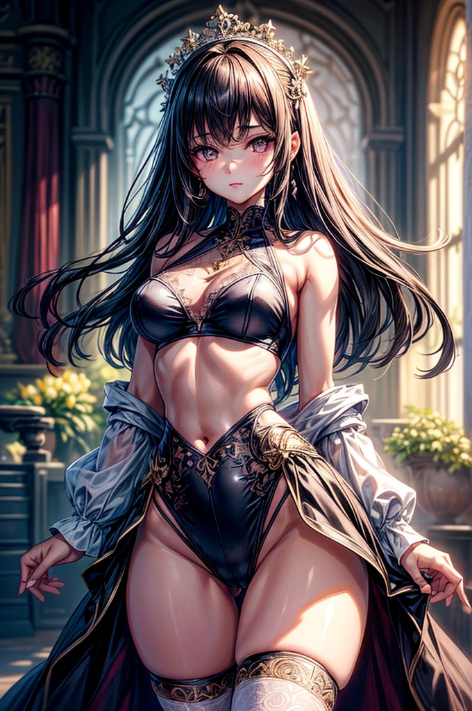 ((highest quality)),(ultra high resolution),(Super detailed),(detailed description),((best CG)),(best work of art),super precision art, great drawing art,(Art with precise details:1.5), (ung girl:1.5), beautiful and well-shaped face:1.5,(Beautiful skin with precise and detailed depiction:1.6),(crisscross sports bra, white thigh-high stockings ),gorgeous, masterpiece, best quality, high-resolution, finely detailed, extremely detailed and beautiful, distinct-image, 1 girl, 16 year old teen, solo, sharp facial features, oval shaped face. cherry pink lips, lightly tanned white skin. velvet-colored eyes, C-cup breasts, tall height(175cm), slim yet chiseled body type, short shoulder length dark violet-black hair, small narrow waist, long and slender legs, curvy wide hips, elegant gothic courtyard setting