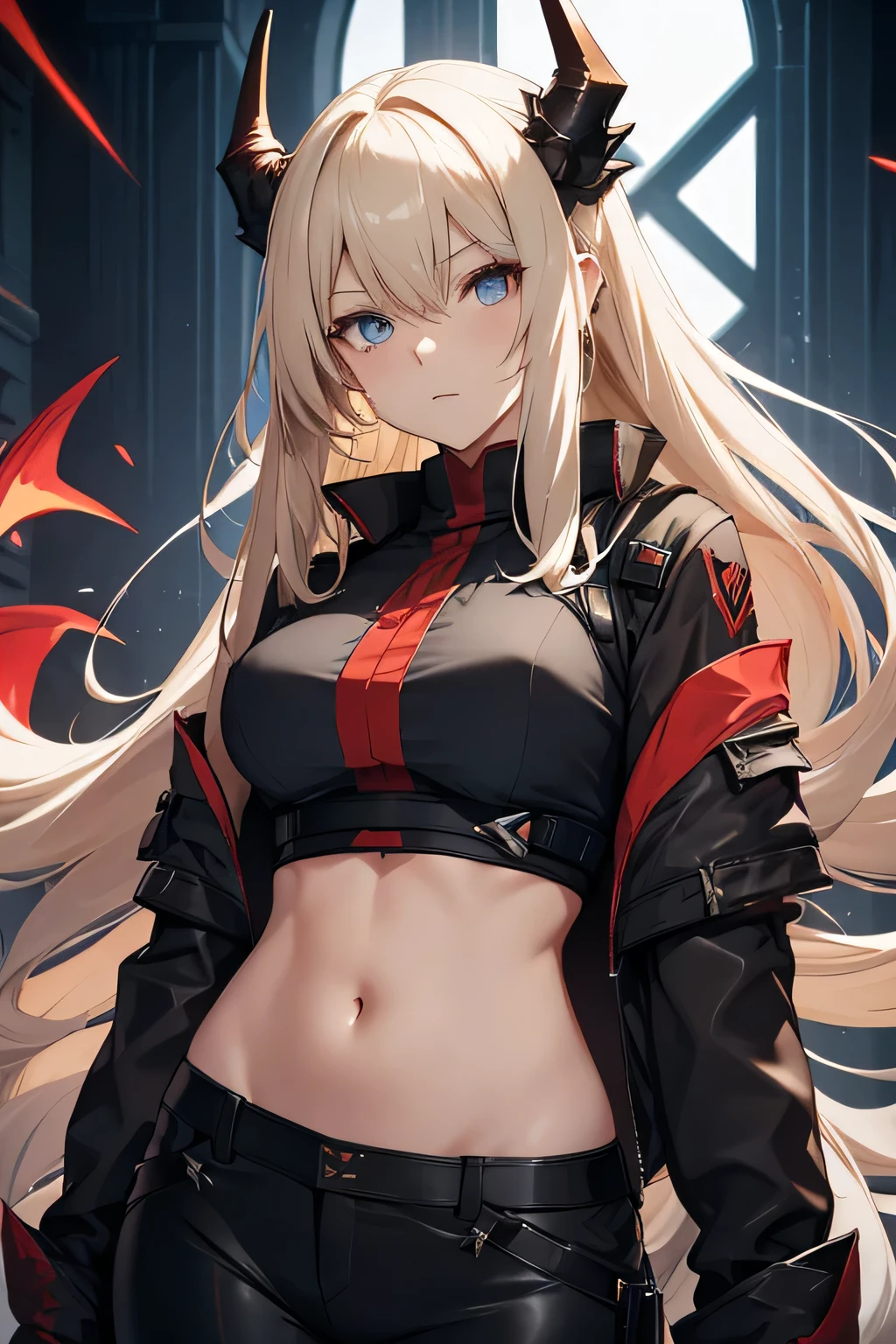 Arknights character Reed, woman with long pale blonde hair, blue-eyed, with black dragon horns pointing up and red dragon tail, wingless, wearing a black shirt and long pant, with moderate breast size