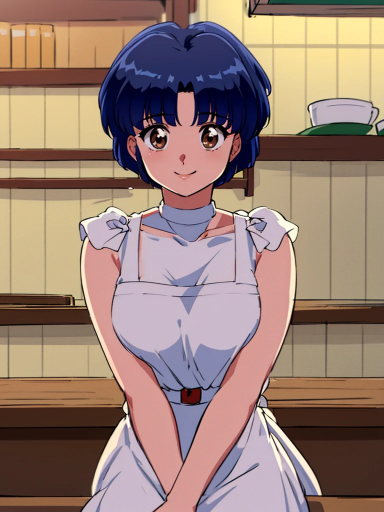 HDR, CG, sharp focus, (8k), (4k), masterpiece, best quality, detailed skin, extremely detailed, hiper detailed, sharp focus, looking at viewer, high quality, AKANE, Akane tendou, short hair, blue hair, brown eyes , tetas grandes, solo, 1girl, hands on chest,  sit on bar chair, bar background, pelvic curtain dress, waving, happy smile, 
