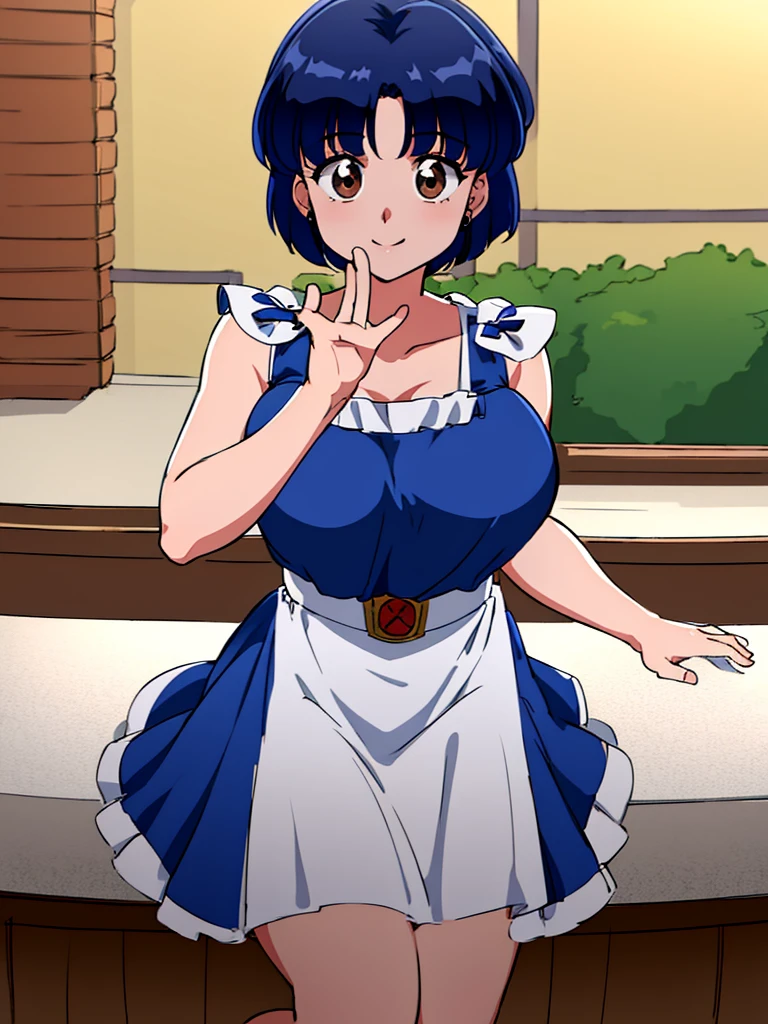 HDR, CG, sharp focus, (8k), (4k), masterpiece, best quality, detailed skin, extremely detailed, hiper detailed, sharp focus, looking at viewer, high quality, AKANE, Akane tendou, short hair, blue hair, brown eyes , tetas grandes, solo, 1girl, hands on chest,  sit on bar chair, bar background, pelvic curtain dress, waving, happy smile, 
