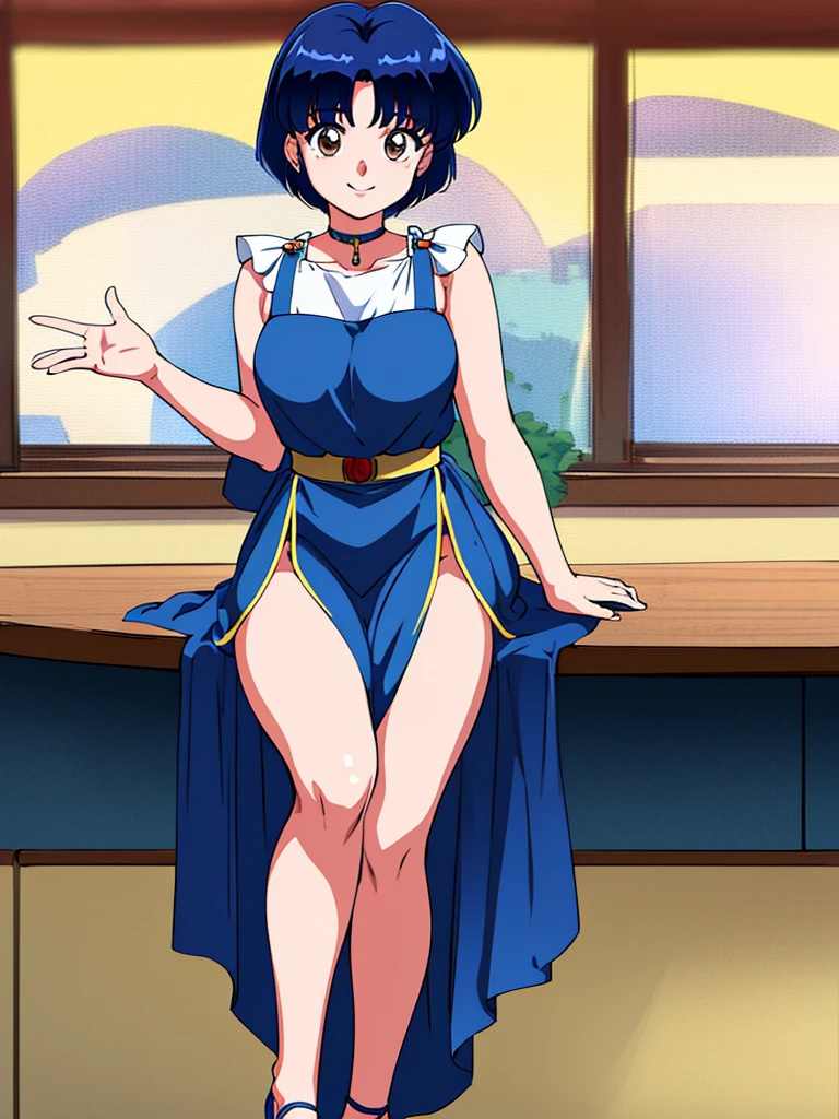 HDR, CG, sharp focus, (8k), (4k), masterpiece, best quality, detailed skin, extremely detailed, hiper detailed, sharp focus, looking at viewer, high quality, AKANE, Akane tendou, short hair, blue hair, brown eyes , tetas grandes, solo, 1girl, hands on chest,  sit on bar chair, bar background, pelvic curtain dress, waving, happy smile, 
