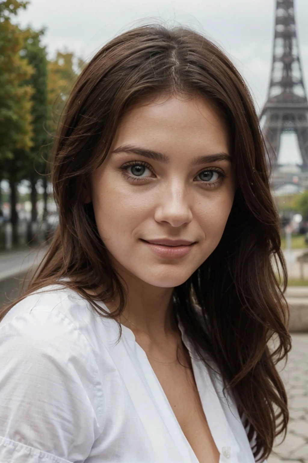 Ultra realistic Instagram template. High-quality, high-resolution image, woman with striking facial featuresa 24-year-old brunette woman, make her beautiful with beautiful long brown hair, she has brown eyes, she has fairly white skin and a small mole towards her lip on the right,, her lips are full and slightly parted, they're also quite full. The lighting is soft, highlighting the texture of her skin and the natural color of her hair. She go in the tour eiffel