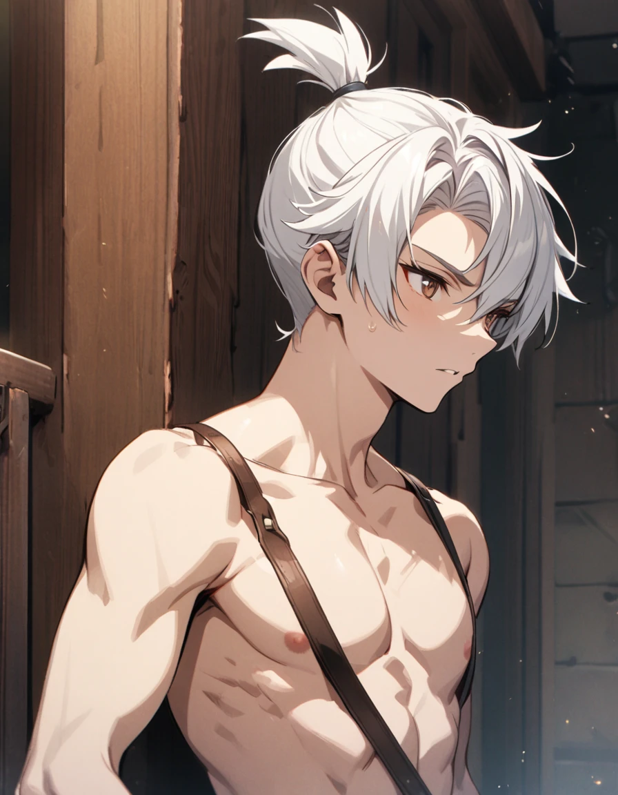 topless male, white hair, topknot, brown eyes, leather straps, straps