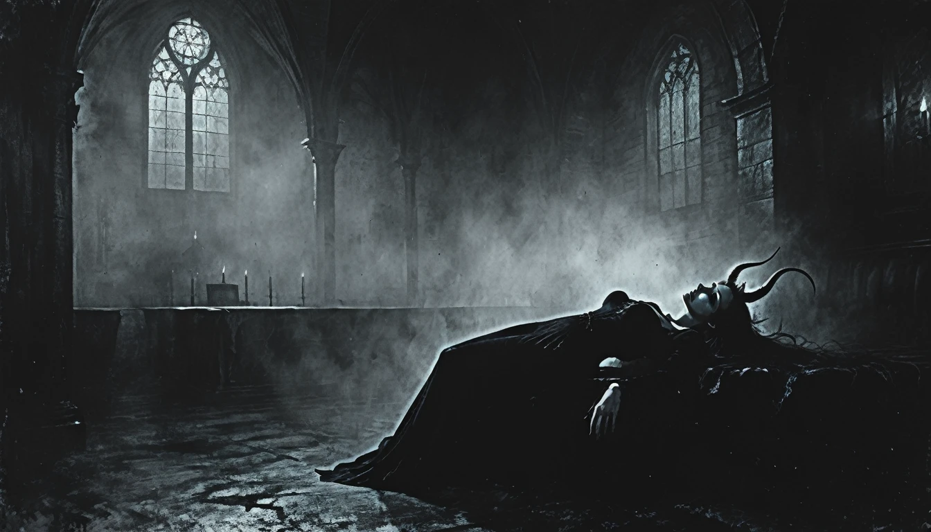 a painting of a holy succubus with horns, lying on her back, gloves, gothic dress, vampire the masquerade bloodlines, incredible art, gloomy background, nimbus, church ragged vestments, darksketch