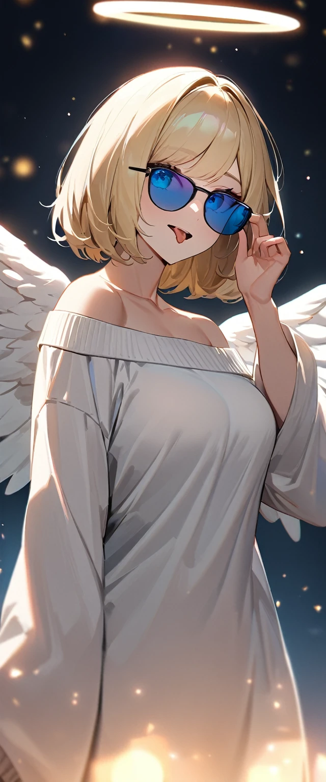 ((flying in the sky)), ((angel, big big white wings:1.3, halo:1.3)), ((sky)), (((sunglasses, hand to sunglasses))), (((cowboy shot))), archangel Uriel, ((wavy hair, inward curled hair)), evening, Sunset, ((blond hair, bob cut:1.3)), breasts, teenager, (looking at viewer), oversized clothes, puffy long sleeves, collarbone, ((off-shoulder sweater:1.3, Quite thick shoulder straps)), ((white sweater)), collarbone, head tilt:1.3, (((blue eyes))), ((happy smile)), (((anime style))), (best quality, 4K, 8K, highres, masterpiece:1.2, ultra-detailed, ultra-detailed eyes, HDR, uhd, studio lighting, ultra-fine painting, sharp focus, physically-based rendering, extreme detail description, professional, vivid colors, bokeh)