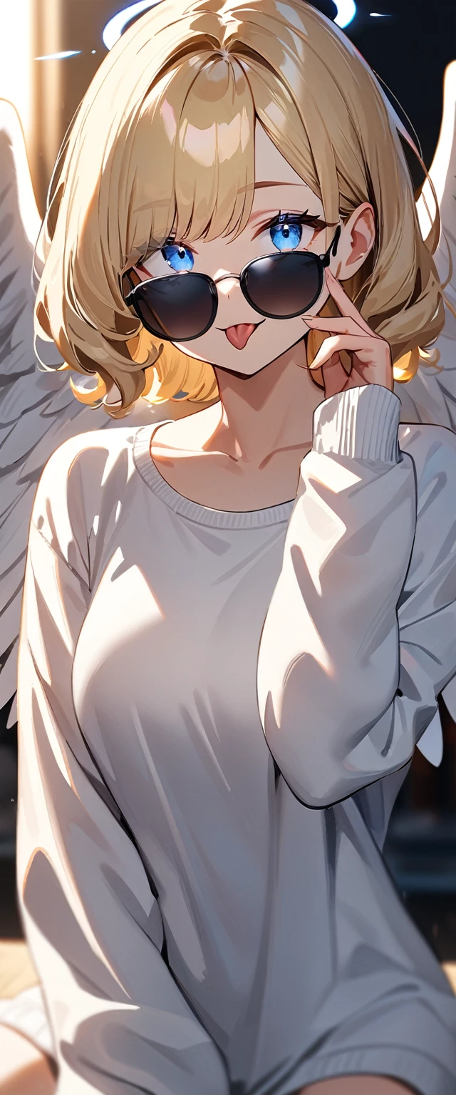 (((One girl))), ((sunglasses, hand to sunglasses)), ((angel, big big white wings:1.2, halo:1.3)), Uriel, ((wavy hair, outward curled hair)), evening, Sunset, open mouth, ((stick out tongue)), ((blond hair, bob cut:1.3)), big breasts, teenager, (looking at viewer), oversized clothes, puffy long sleeves, collarbone, ((off-shoulder sweater dress:1.3, Quite thick shoulder straps)), (((sleeves past wrists:1.3))), ((white sweater)), collarbone, head tilt:1.3, (((blue eye))), ((happy smile)), (((anime style))), (best quality, 4K, 8K, highres, masterpiece:1.2, ultra-detailed, ultra-detailed eyes, HDR, uhd, studio lighting, ultra-fine painting, sharp focus, physically-based rendering, extreme detail description, professional, vivid colors, bokeh), ((Highest quality, Best image quality, Ultra-high resolution, Ultra-high resolution, solo, Strong eye highlights)), Depth of written boundary, Natural soft light, attractive, Beautiful Face, Cleanliness, Pure Face, medium chest, Beautiful Face, Perfect Fingers, Perfect hands, Perfect body, Perfect Face, Shine a light into your eyes, Perfect Anatomy
