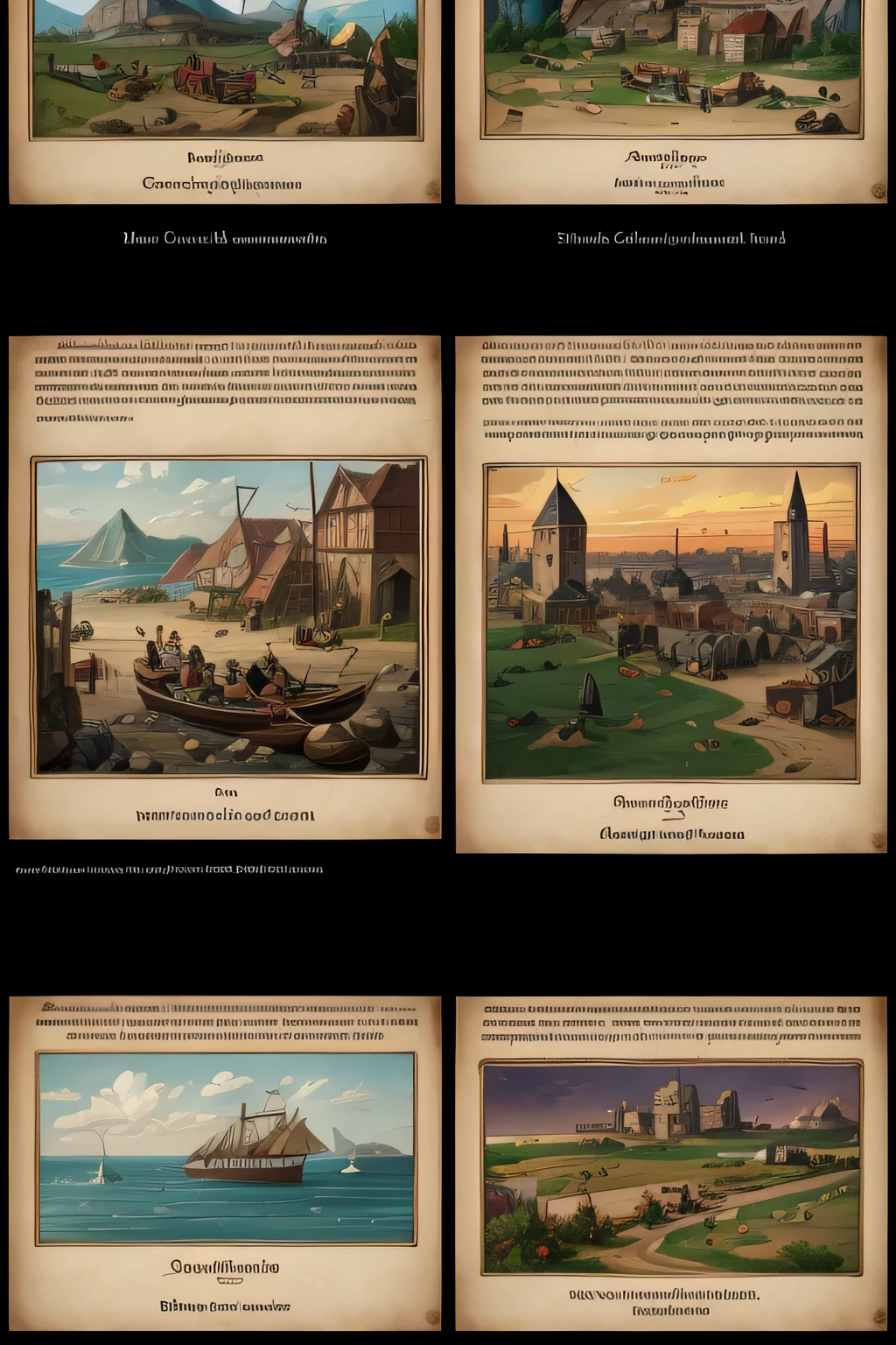 Cartoon set in four stages of the conquest of America from 1492 to 1545, with dialog boxes