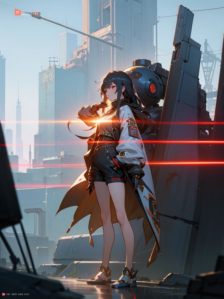 Boutique,best quality,Gold jewelry,(slip out feet),Fairy skin,(Fidelity :1.2),Standing,Super Detailed,realistic,High quality,Movie Light,Ray tracking,Ultra HD,Upper body, Girl in shorts and jacket standing next to giant robot, Guweiz style artwork, CyberPunk mech, Trends on CGSTATION, Guweiz, Russell Dongjun Lu, digital cyberpunk anime art, Ross Tran 8 K, Guweiz on ArtStation Pixiv, Girl in mecha network armor