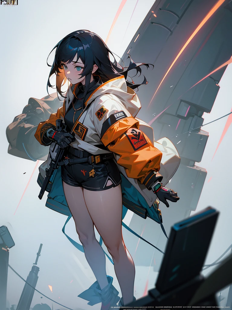Boutique,best quality,Gold jewelry,(slip out feet),Fairy skin,(Fidelity :1.2),Standing,Super Detailed,realistic,High quality,Movie Light,Ray tracking,Ultra HD,Upper body, Girl in shorts and jacket standing next to giant robot, Guweiz style artwork, CyberPunk mech, Trends on CGSTATION, Guweiz, Russell Dongjun Lu, digital cyberpunk anime art, Ross Tran 8 K, Guweiz on ArtStation Pixiv, Girl in mecha network armor