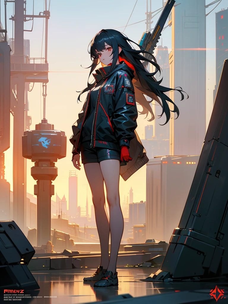Boutique,best quality,Gold jewelry,(slip out feet),Fairy skin,(Fidelity :1.2),Standing,Super Detailed,realistic,High quality,Movie Light,Ray tracking,Ultra HD,Upper body, Girl in shorts and jacket standing next to giant robot, Guweiz style artwork, CyberPunk mech, Trends on CGSTATION, Guweiz, Russell Dongjun Lu, digital cyberpunk anime art, Ross Tran 8 K, Guweiz on ArtStation Pixiv, Girl in mecha network armor