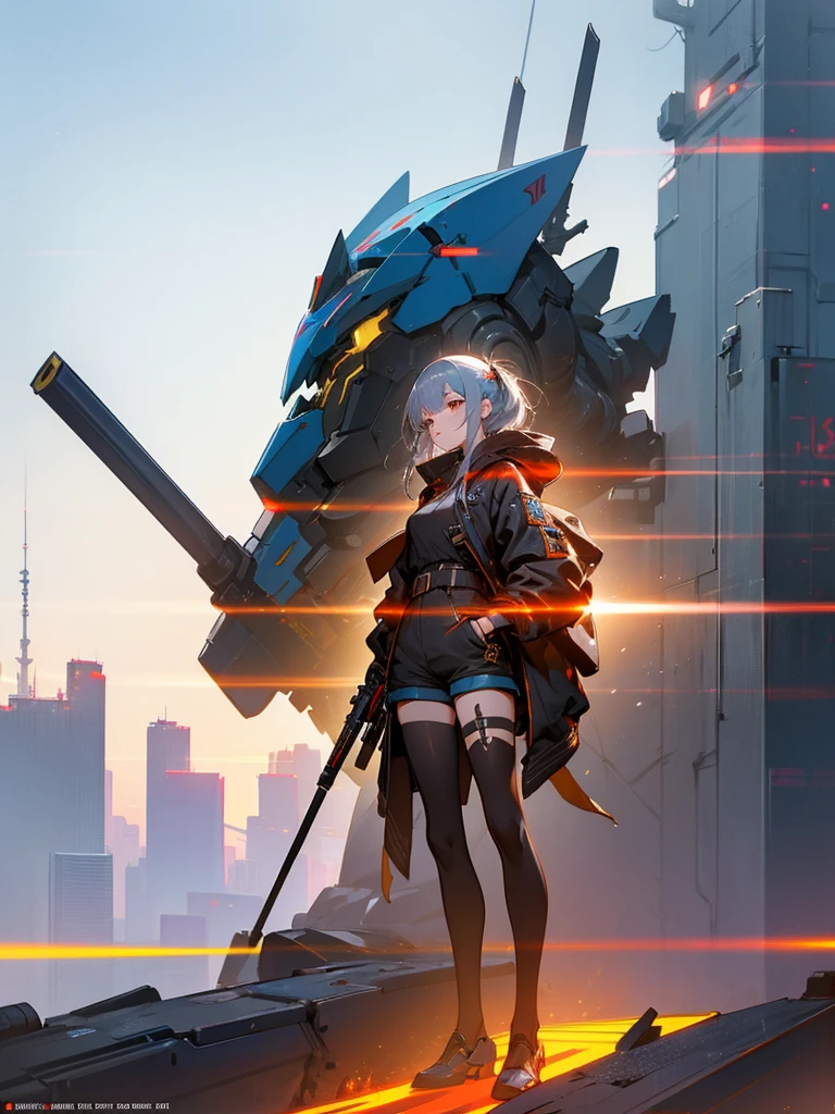 Boutique,best quality,Gold jewelry,(slip out feet),Fairy skin,(Fidelity :1.2),Standing,Super Detailed,realistic,High quality,Movie Light,Ray tracking,Ultra HD,Upper body, Girl in shorts and jacket standing next to giant robot, Guweiz style artwork, CyberPunk mech, Trends on CGSTATION, Guweiz, Russell Dongjun Lu, digital cyberpunk anime art, Ross Tran 8 K, Guweiz on ArtStation Pixiv, Girl in mecha network armor