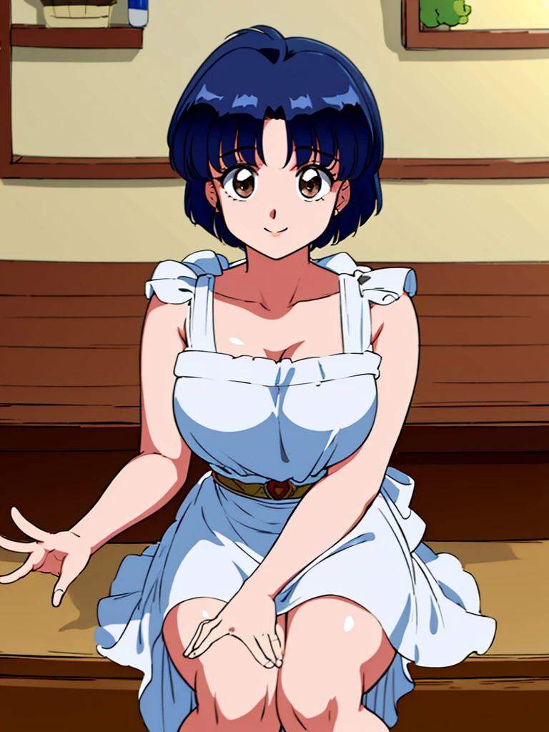 HDR, CG, sharp focus, (8k), (4k), masterpiece, best quality, detailed skin, extremely detailed, hiper detailed, sharp focus, looking at viewer, high quality, AKANE, Akane tendou, short hair, blue hair, brown eyes , tetas grandes, solo, 1girl, hands on chest,  sit on bar chair, bar background, pelvic curtain dress, waving, happy smile, 
