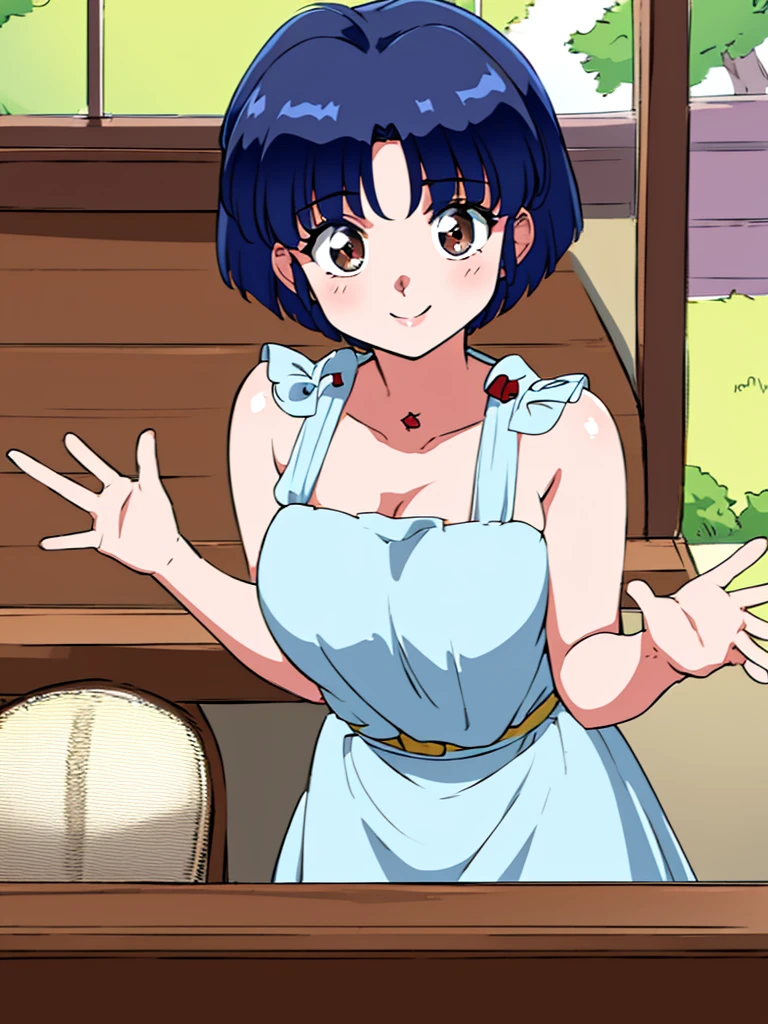 HDR, CG, sharp focus, (8k), (4k), masterpiece, best quality, detailed skin, extremely detailed, hiper detailed, sharp focus, looking at viewer, high quality, AKANE, Akane tendou, short hair, blue hair, brown eyes , tetas grandes, solo, 1girl, hands on chest, sit on bar chair, bar background, pelvic curtain dress, waving, happy smile,