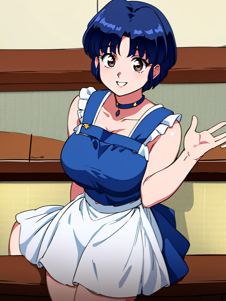 HDR, CG, sharp focus, (8k), (4k), masterpiece, best quality, detailed skin, extremely detailed, hiper detailed, sharp focus, looking at viewer, high quality, AKANE, Akane tendou, short hair, blue hair, brown eyes , tetas grandes, solo, 1girl, hands on chest, sit on bar chair, bar background, pelvic curtain dress, waving, happy smile,