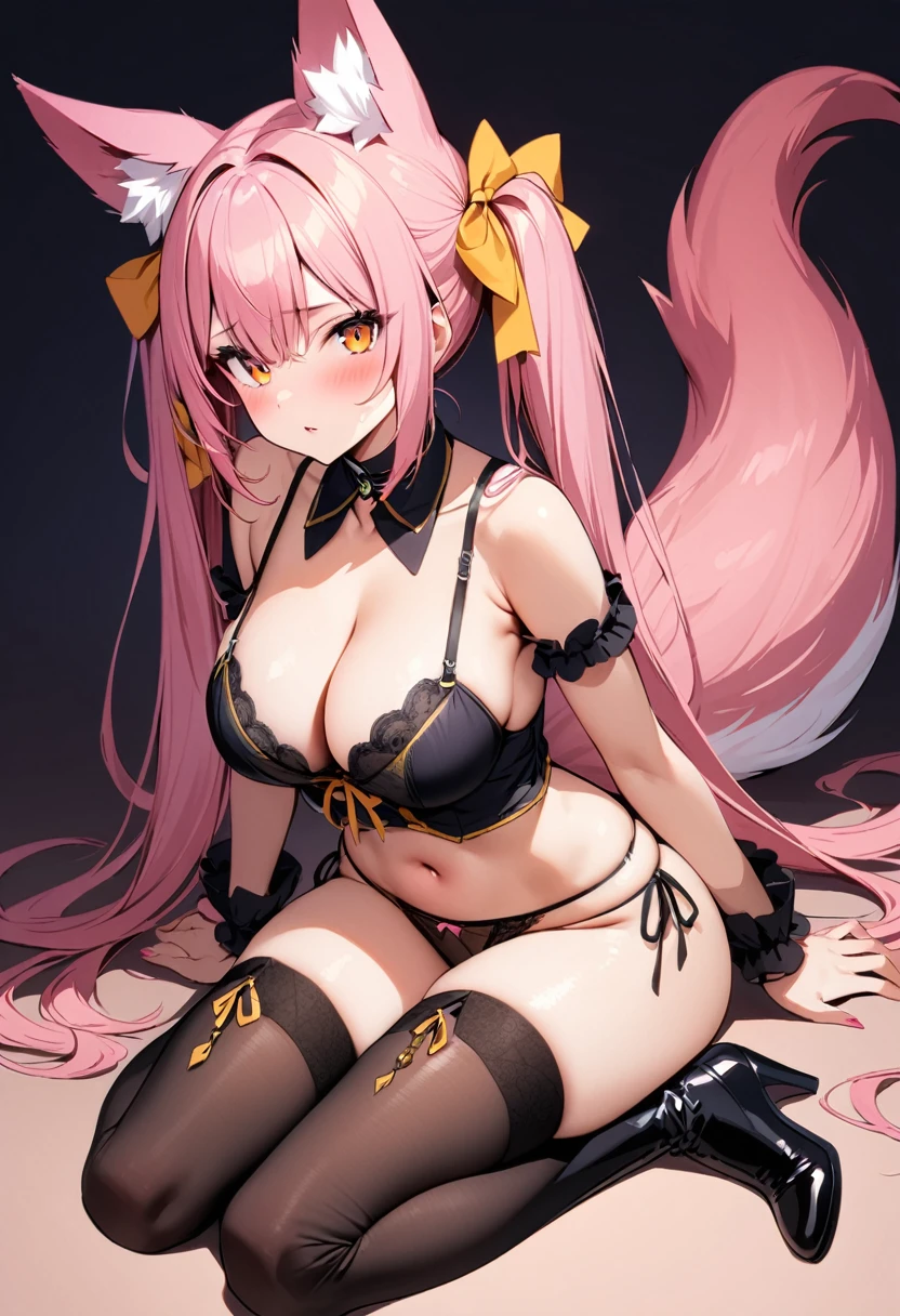 masterpiece, best quality, 1girl, solo, breasts, underwear, thighhighs, panties, animal-ears, long-hair, twintails, pink-hair, large-breasts, navel, very-long-hair, cleavage, blush, bow, high-heels, side-tie-panties, boots, sitting, looking-at-viewer, bare-shoulders, black-thighhighs, detached-collar, parted-lips, thigh-boots, hair-bow, high-heel-boots, yellow-bow, babydoll, tail, bustier, string-panties, black-panties, ribbon, arm-support, fox-ears, orange-eyes, bangs, black-footwear, simple-background, choker