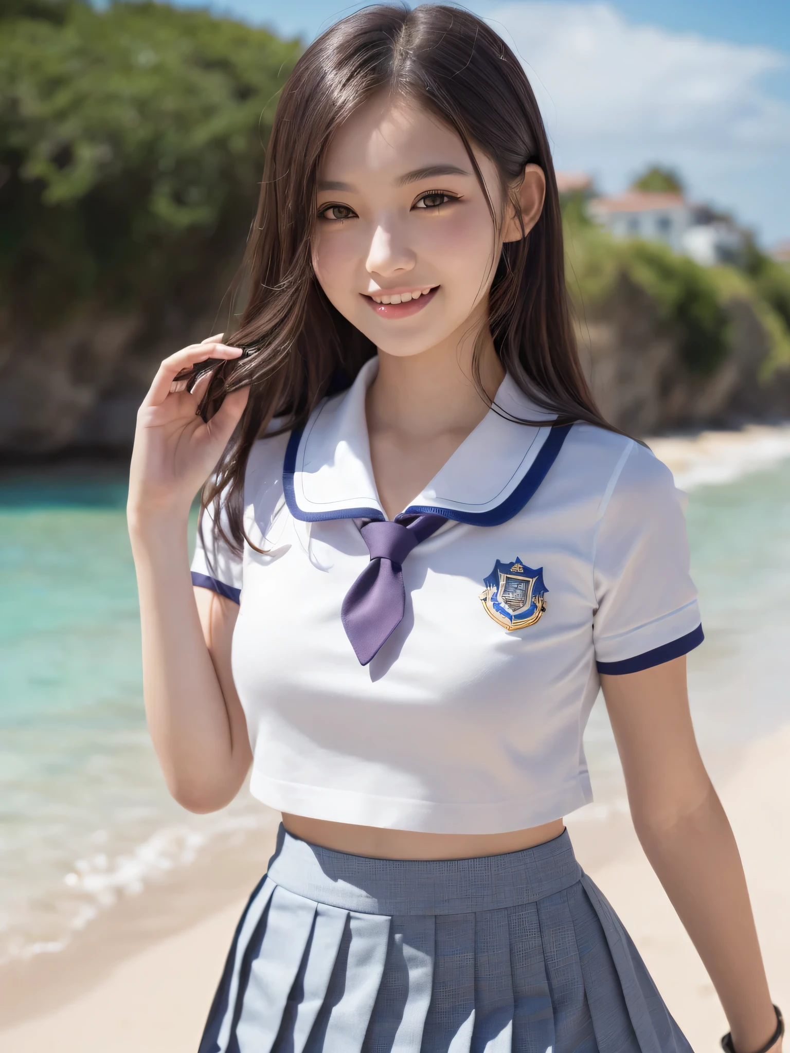 (1woman), (round eyes:1.2), (highly detailed face and eyes), (big smile), Amazing face and eyes, (school uniform, pleated mini skirt:1.3), (Best Quality:1.4), (Ultra-detailed), (extremely detailed CG unified 8k wallpaper), Highly detailed, High-definition raw color photos, Professional Photography, Realistic portrait, summer, (beach), depth of fields, (fine face:1.2),