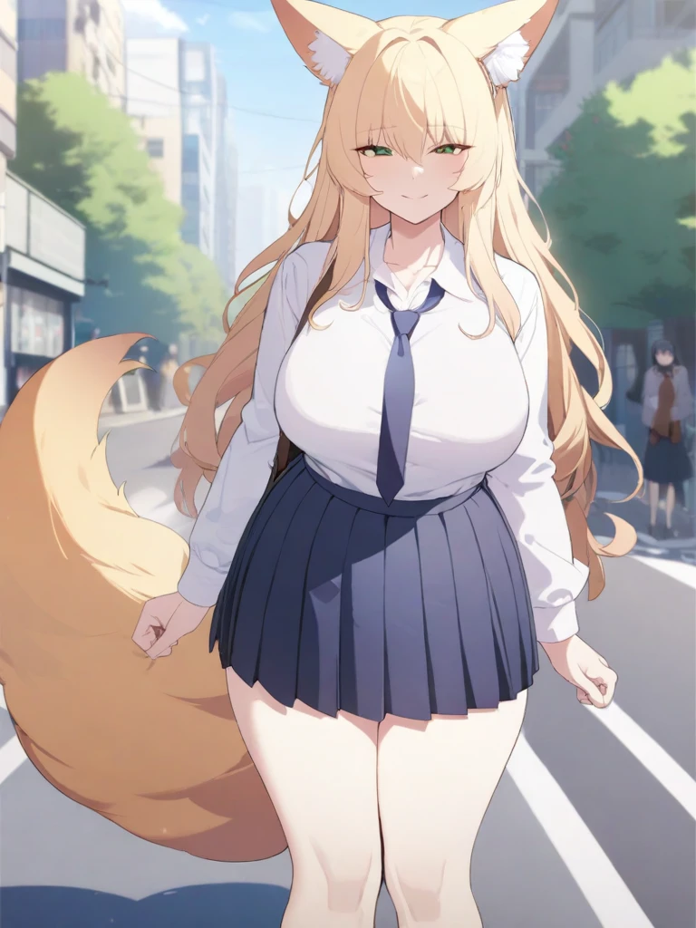 masterpiece, best quality, high quality, beautiful anime character, solo, anime girl with blonde hair, messy hair, long hair, green eyes, fox ears, big breasts, mature female, tall female, big girl, thick, (naughty face, light smile, loving eyes), outdoors, (white shirts, dark blue pleated skirt, dark blue necktie), huge fox tail, fat thick, school girl, white socks, street background, standing, bag, 