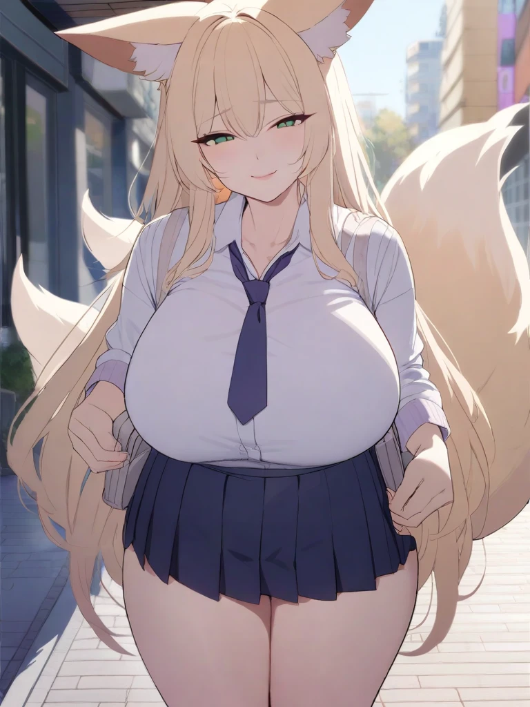 masterpiece, best quality, high quality, beautiful anime character, solo, anime girl with blonde hair, messy hair, long hair, green eyes, fox ears, big breasts, mature female, tall female, big girl, thick, (naughty face, light smile, loving eyes), outdoors, (white shirts, dark blue pleated skirt, dark blue necktie), huge fox tail, fat thick, school girl, white socks, street background, standing, bag, 