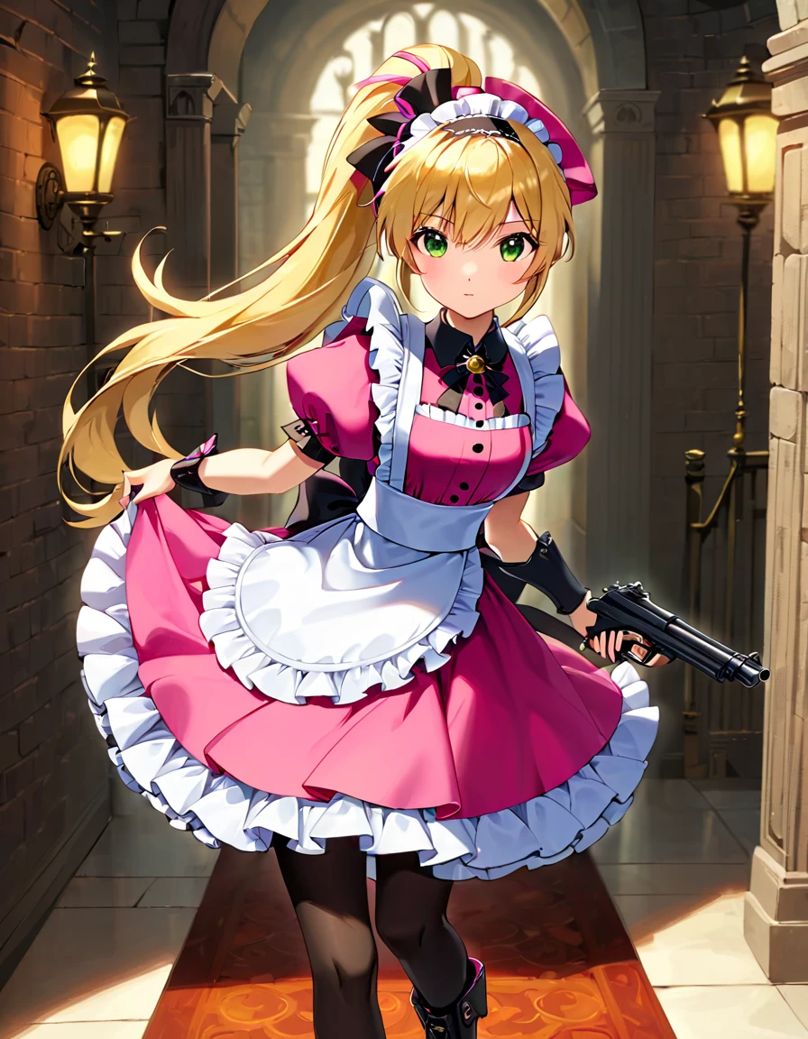 (best quality,4k,8k,highres,masterpiece:1.2),ultra-detailed, (1girl) A cute age gunslinger maid with green eyes, drawn in anime style, spiky light blonde hair in a long ponytail, victorian fashion, wearing a cute white maid dress with puffy sleeves, corset, tactical gear, light armour, petticoat, bloomers, black pantyhose, black tights, a frilly headband, a frilly pink apron, high-heel boots, ribbons, wielding a gun with one hand, Beretta 92FS, steampunk style, guarding a castle hallway, extremely detailed eyes and face,longeyelashes,volumetric lighting,cinematic lighting,protective posture,dramatic close up,highly detailed texture,intricate details.