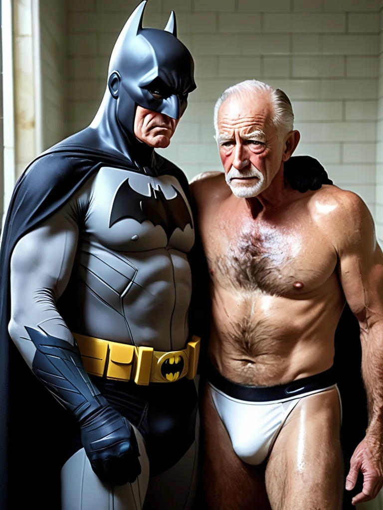 score_9, score_8_up, score_7_up, score_6_up, score_5_up, score_4_up , ,photo realistic,2men,
slim old man Alfred (butler, intelligent, gentlemanly, slim, in his 60s) and young guy Batman (hairy, muscular,handsome, tall, body covered in scars,30years old) wearing only a mask embrace each other in the shower in white briefs