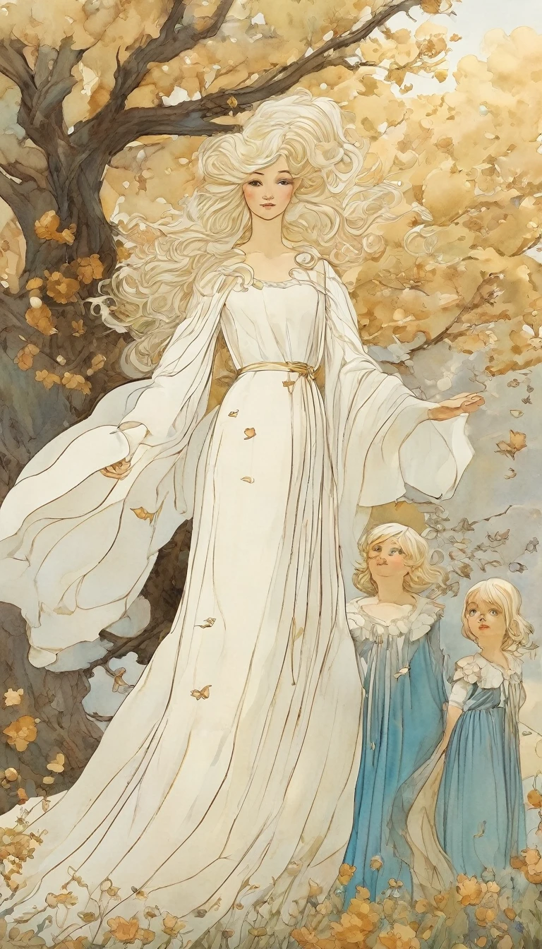 Une illustration d'Eléonore, vêtue d'une robe blanche, heureuse avec son mari, un grand homme brun, et ses deux enfants, ses cheveux blonds flottant au vent et ses yeux bleux, captivant les regards admiratifs des villageois.