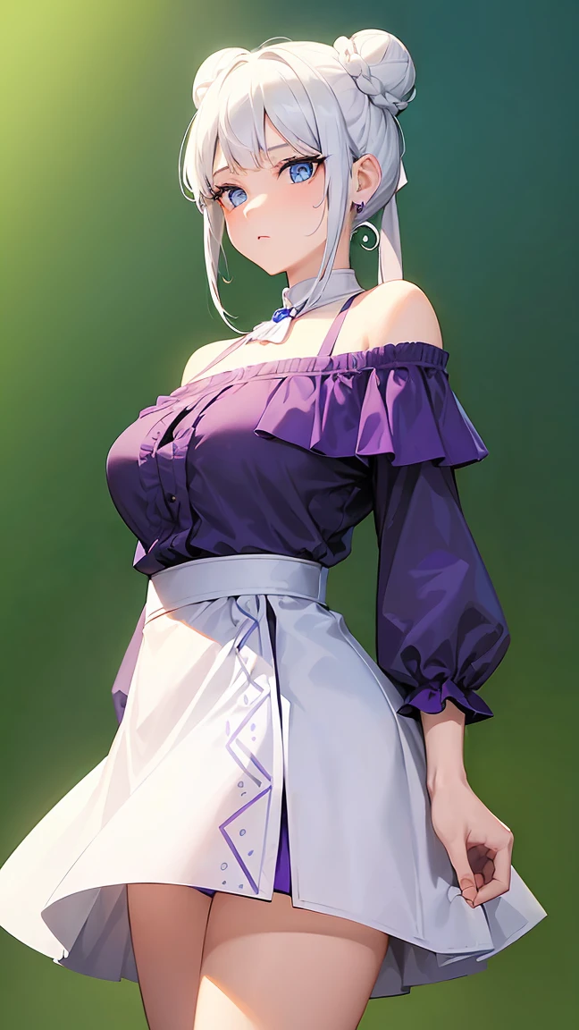 (Woman1,round face,blue eyes,white hair,double bun hairstyle),cowboy shot,ego,purple off-shoulder blouse,short skirt,green background,hd,highly detailed