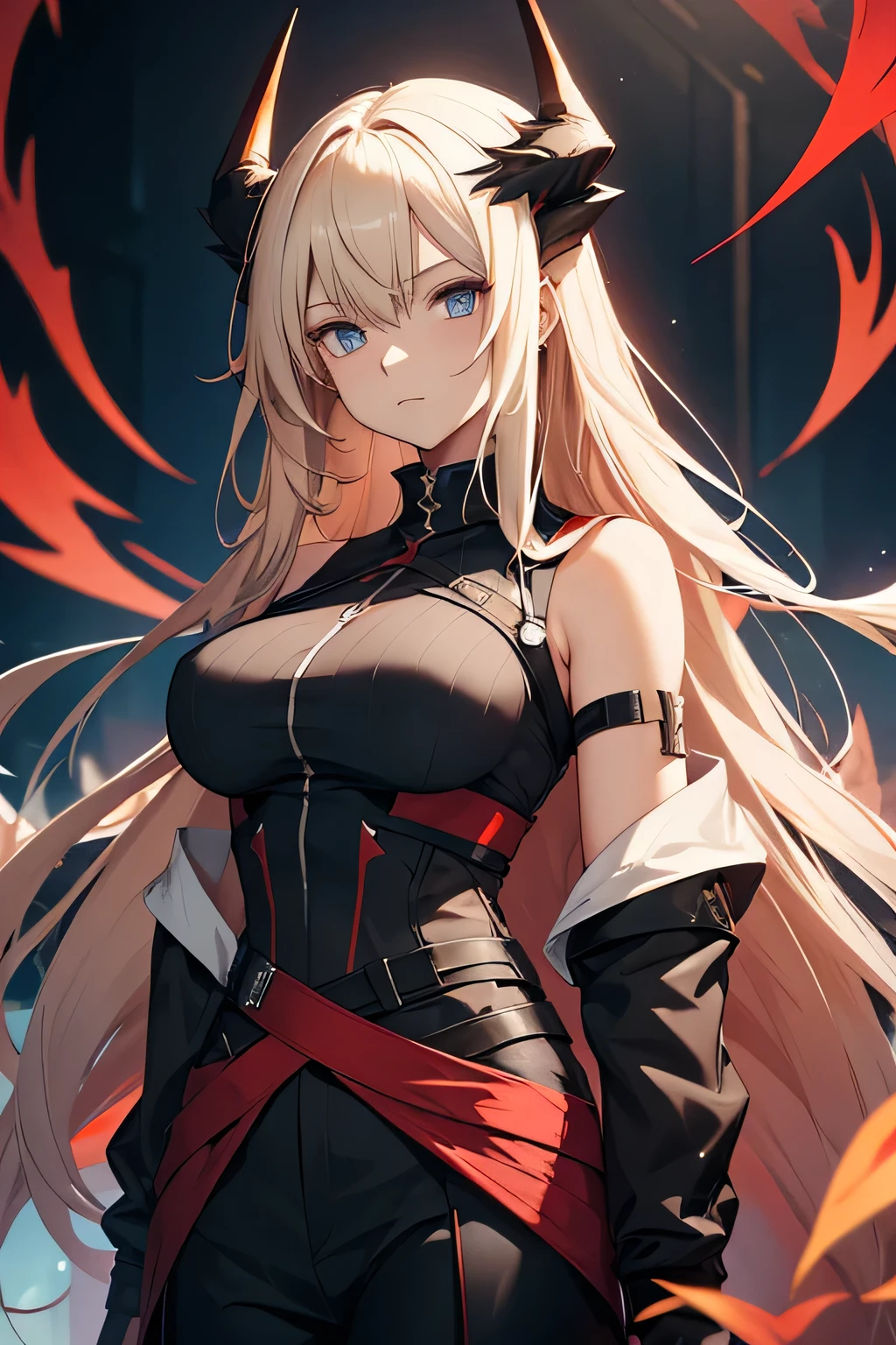 Arknights character Reed, woman with long pale blonde hair, blue-eyed, with black dragon horns pointing up and red dragon tail, wingless, wearing  a black shirt and long pant, with moderate breast size