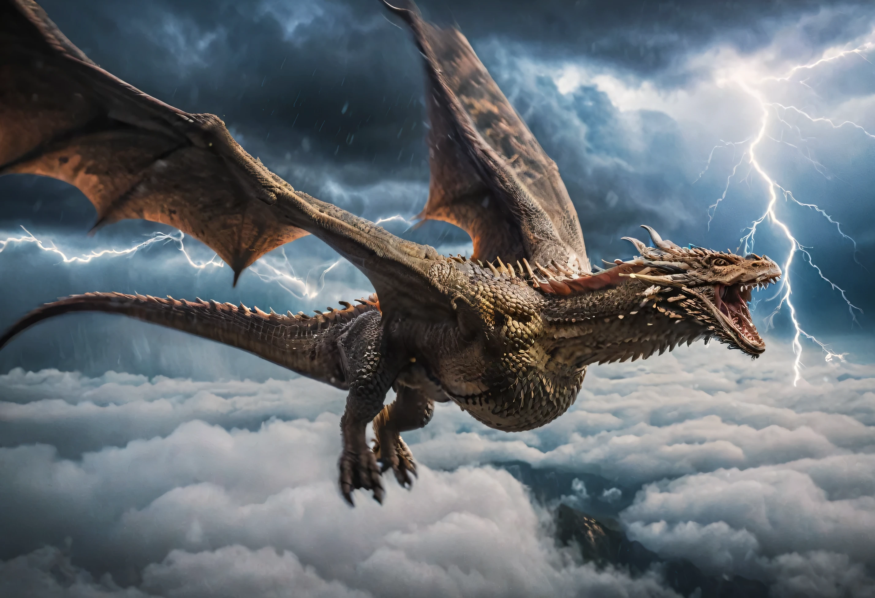 masterpiece, high quality, intricate details, cinematic photo a dragon flying over the clouds, rain, lightning, storm motion blur . 35mm photograph, film, bokeh, professional, 4k, highly detailed, highly detailed high saturation