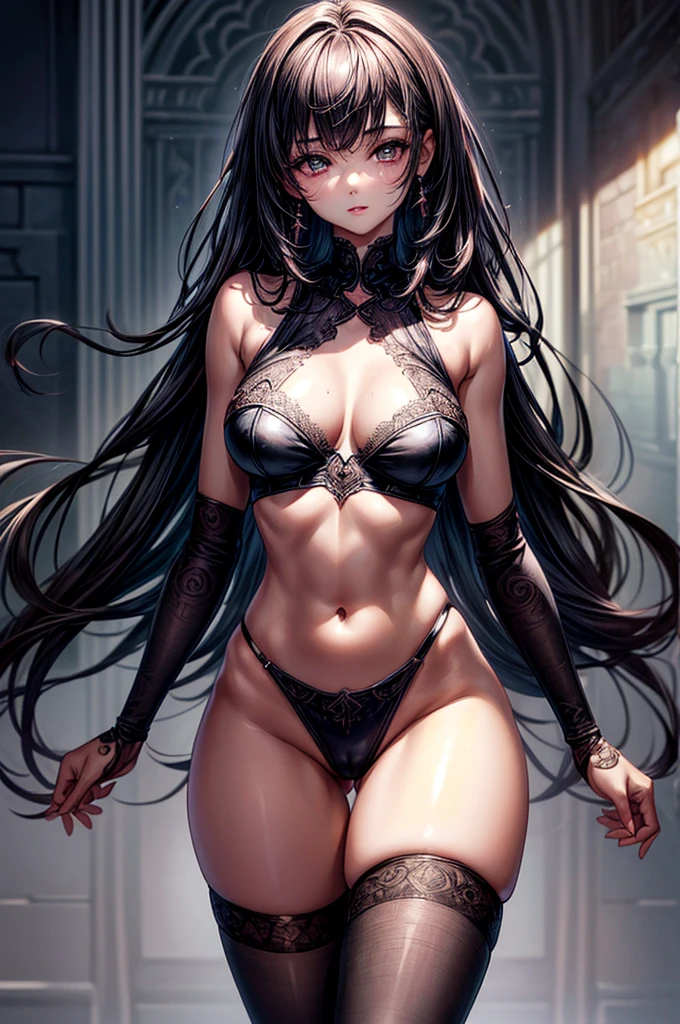 ((highest quality)),(ultra high resolution),(Super detailed),(detailed description),((best CG)),(best work of art),super precision art, great drawing art,(Art with precise details:1.5), (ung girl:1.5), beautiful and well-shaped face:1.5,(Beautiful skin with precise and detailed depiction:1.6),,gorgeous, masterpiece, best quality, high-resolution, finely detailed, extremely detailed and beautiful, distinct-image, 1 girl, 16 year old teen, solo, sharp facial features, oval shaped face. cherry pink lips, lightly tanned white skin. velvet-colored eyes, C-cup breasts, tall height(175cm), slim yet chiseled body type, short shoulder length dark violet-black hair, small narrow waist, long and slender legs, curvy wide hips, elegant gothic courtyard setting, crisscross bralette top, stockings