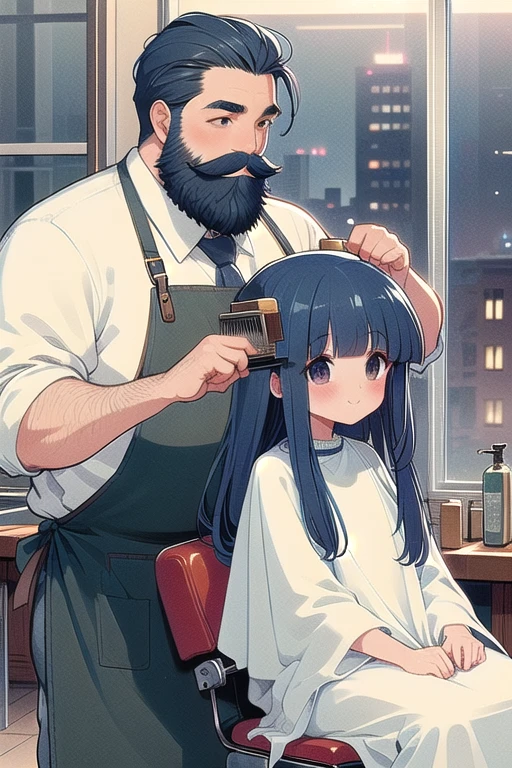 (((masterpiece))), (((Highest quality))), (((Half Body))), (((close))), ((Retro Barber Shop)), ((Two people)), ((A fat man with beard and dark hair wearing an apron、Has a mini comb for combing hair。)), ((A girl in a white cloth is sitting on a swivel chair)), window, mirror, Portrait poster, Faded red brick wall, Blue Hair, Long Hair, blunt bangs, shy, blush, big , shape, ((night)), (((Twilight))),