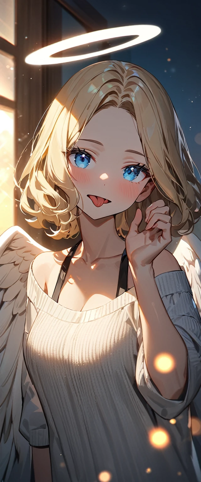(((One girl))), ((sunglasses, hand to sunglasses)), ((angel, big big white wings:1.2, halo:1.3)), Uriel, ((wavy hair, outward curled hair)), evening, Sunset, open mouth, ((stick out tongue)), ((blond hair, bob cut:1.3)), big breasts, ager, (looking at viewer), oversized clothes, puffy long sleeves, collarbone, ((off-shoulder sweater dress:1.3, Quite thick shoulder straps)), (((sleeves past wrists:1.3))), ((white sweater)), collarbone, head tilt:1.3, (((blue eye))), ((happy smile)), (((anime style))), (best quality, 4K, 8K, highres, masterpiece:1.2, ultra-detailed, ultra-detailed eyes, HDR, uhd, studio lighting, ultra-fine painting, sharp focus, physically-based rendering, extreme detail description, professional, vivid colors, bokeh), ((Highest quality, Best image quality, Ultra-high resolution, Ultra-high resolution, solo, Strong eye highlights)), Depth of written boundary, Natural soft light, attractive, Beautiful Face, Cleanliness, Pure Face, medium chest, Beautiful Face, Perfect Fingers, Perfect hands, Perfect body, Perfect Face, Shine a light into your eyes, Perfect Anatomy