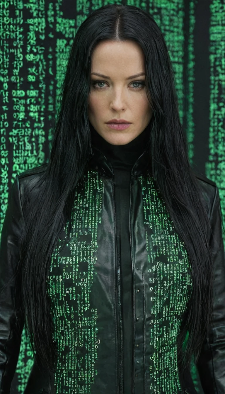 face portrait of "Trinity's quest: Green matrix code flowing in the middle and background.", tritnity is white woman with long black hair, jogado para o lado, wearing a black latex coat, that works secretly with Morpheus and neo. focusing on the face, magical and mysterious theme