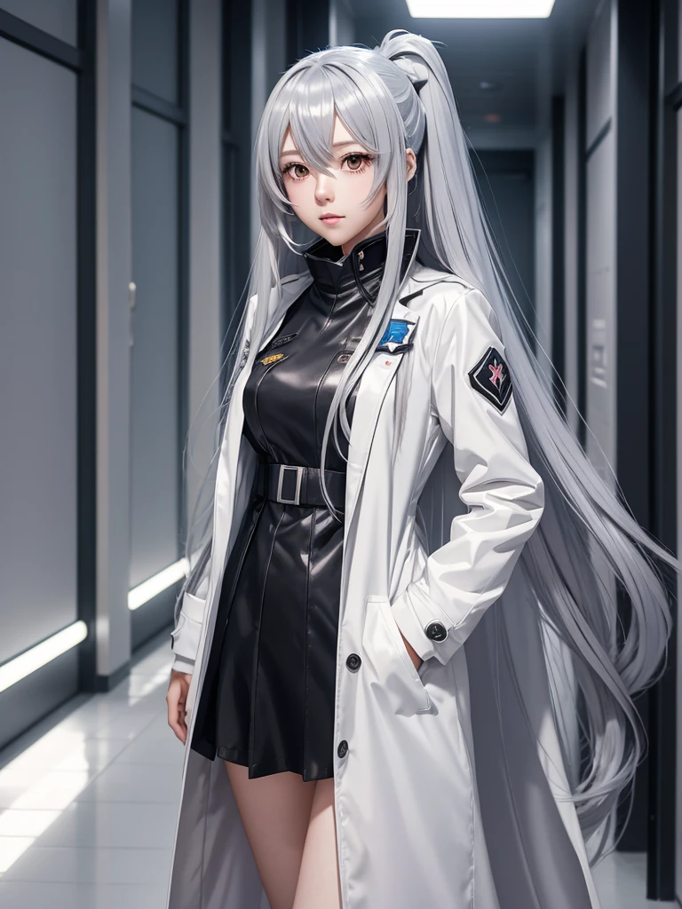 anime girl with long hair and white coat standing in a hallway, girls frontline style, from girls frontline, from arknights, portrait anime space cadet girl, cute anime girl, anime visual of a cute girl, silver hair girl, an anime girl, anime mecha aesthetic, anime aesthetic, beautiful anime portrait, portrait anime girl, pretty anime girl, beautiful anime girl