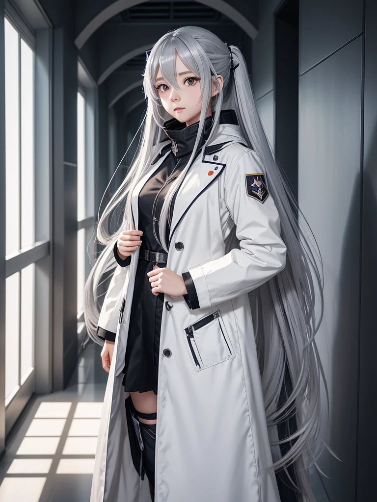 anime girl with long hair and white coat standing in a hallway, girls frontline style, from girls frontline, from arknights, portrait anime space cadet girl, cute anime girl, anime visual of a cute girl, silver hair girl, an anime girl, anime mecha aesthetic, anime aesthetic, beautiful anime portrait, portrait anime girl, pretty anime girl, beautiful anime girl