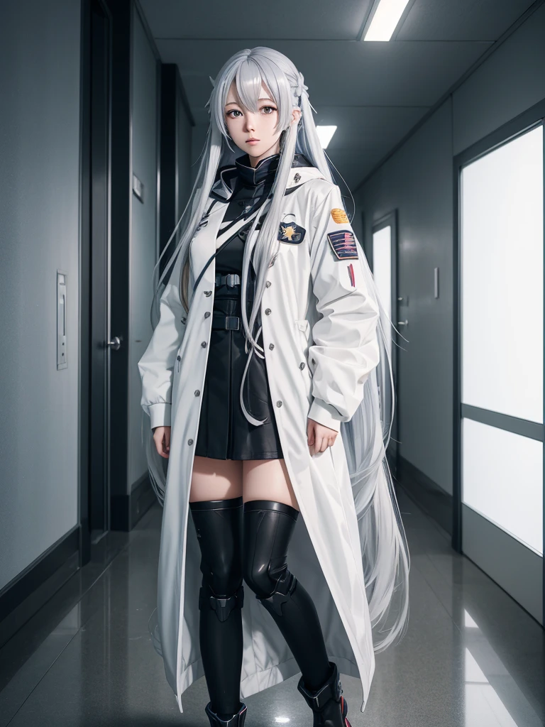anime girl with long hair and white coat standing in a hallway, girls frontline style, from girls frontline, from arknights, portrait anime space cadet girl, cute anime girl, anime visual of a cute girl, silver hair girl, an anime girl, anime mecha aesthetic, anime aesthetic, beautiful anime portrait, portrait anime girl, pretty anime girl, beautiful anime girl