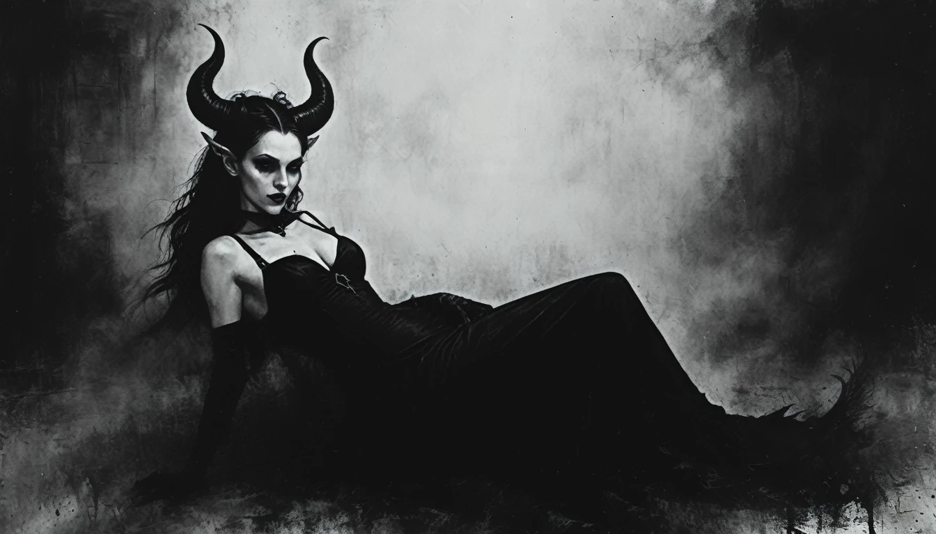 a painting of a holy succubus with horns, lying on her back, gloves, gothic dress, vampire the masquerade bloodlines, incredible art, gloomy background, nimbus, church ragged vestments, darksketch, close-up