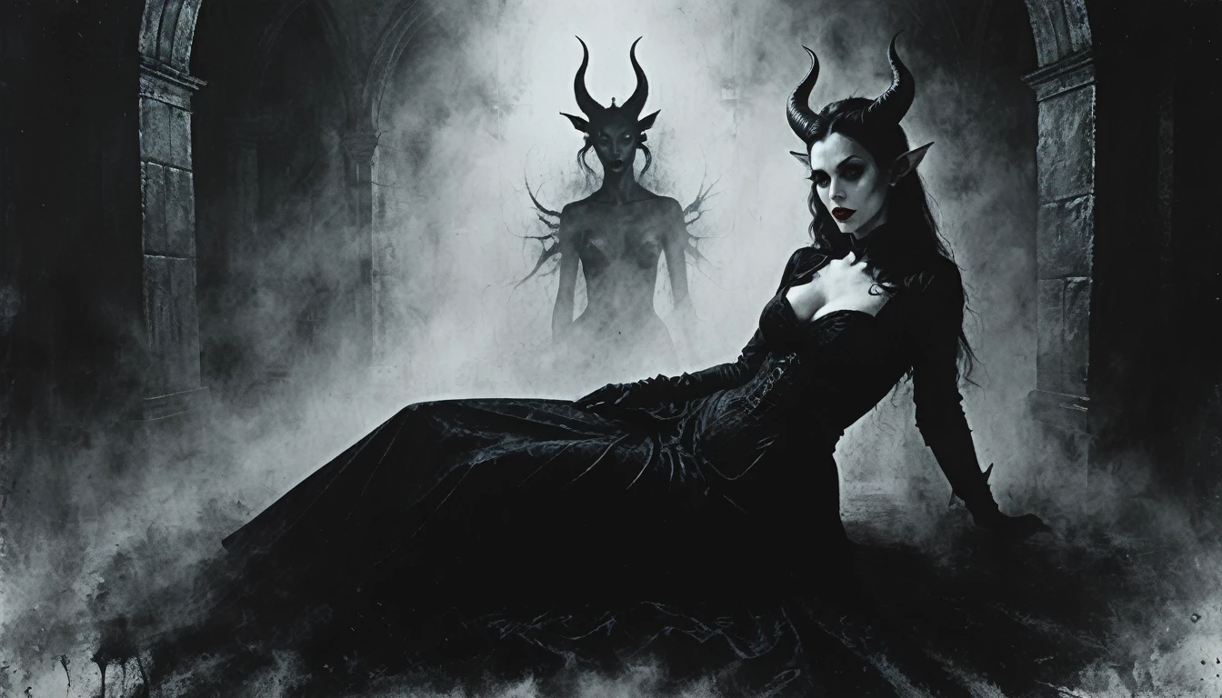 a painting of a holy succubus with horns, lying on her back, gloves, gothic dress, vampire the masquerade bloodlines, incredible art, gloomy background, nimbus, church ragged vestments, darksketch, close-up