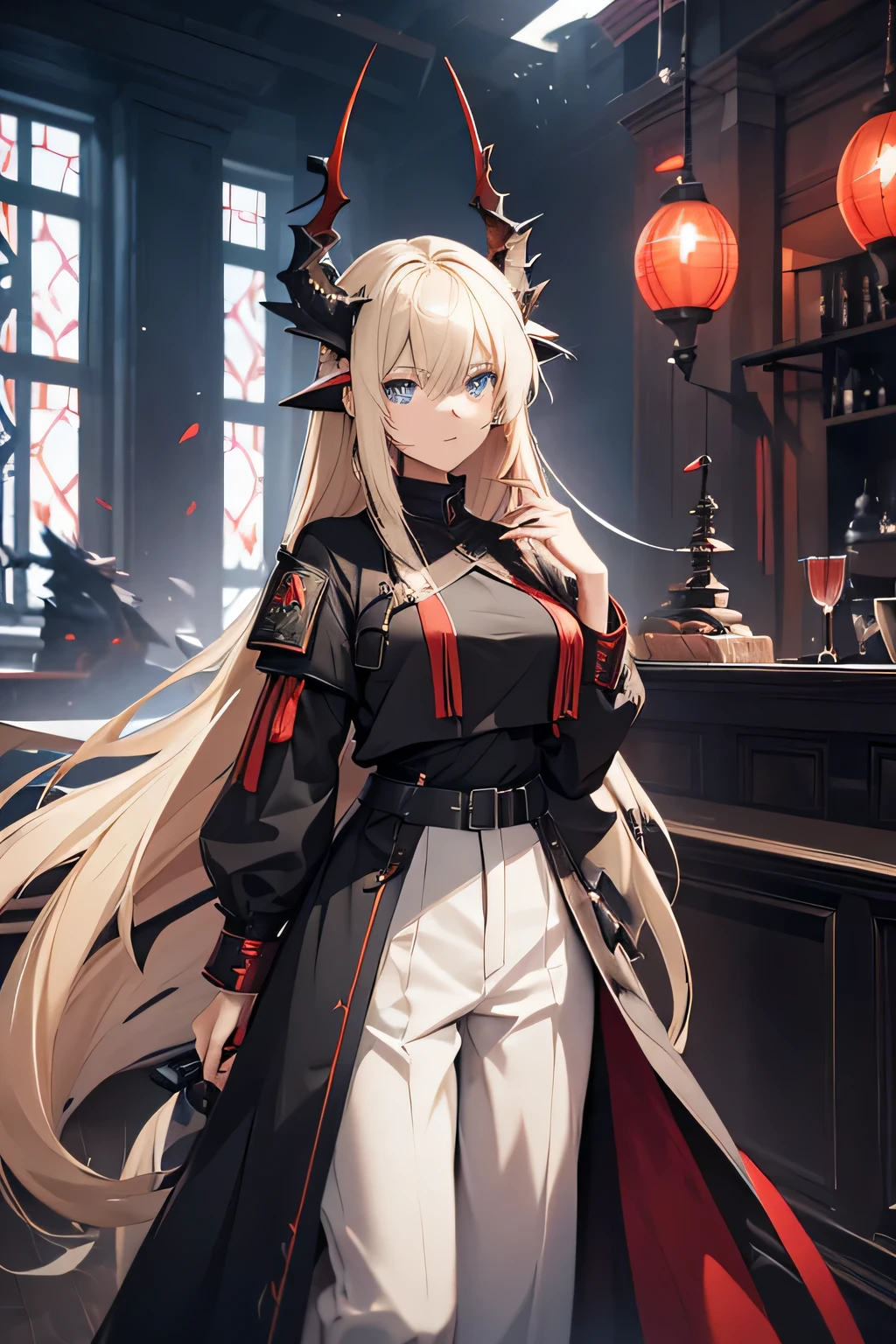 Arknights character Reed, woman with long pale blonde hair, blue-eyed, with black dragon horns pointing up and red dragon tail, wingless, wearing a black shirt and long pant, with moderate breast size