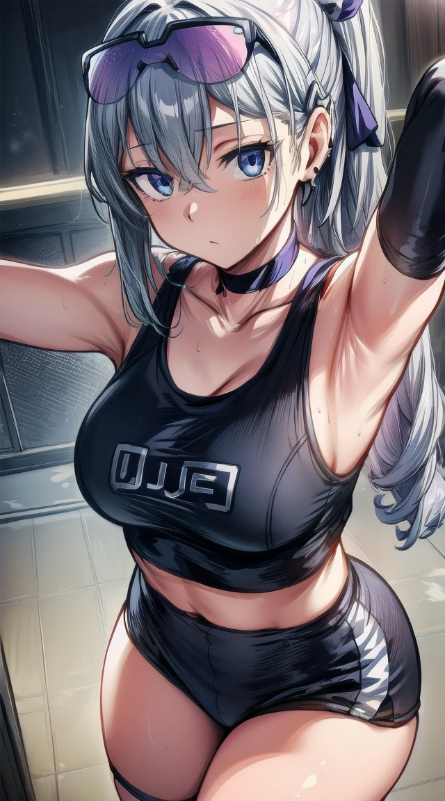 1girl,silver hair
BREAK ((hair ornament, gloves, jewelry, flat breasts,  hair ribbon,  thighs, earrings,choker, black gloves, hairclip, fingerless gloves, armpits,sunglasses, fishnets, eyewear on head :1))
BREAK ((jupe gym outfit:1.4))
BREAK indoors,
BREAK looking at viewer, 
BREAK (masterpiece:1.2), best quality, high resolution, unity 8k wallpaper, (illustration:0.8), (beautiful detailed eyes:1.6), extremely detailed face, perfect lighting, extremely detailed CG, (perfect hands, perfect anatomy),