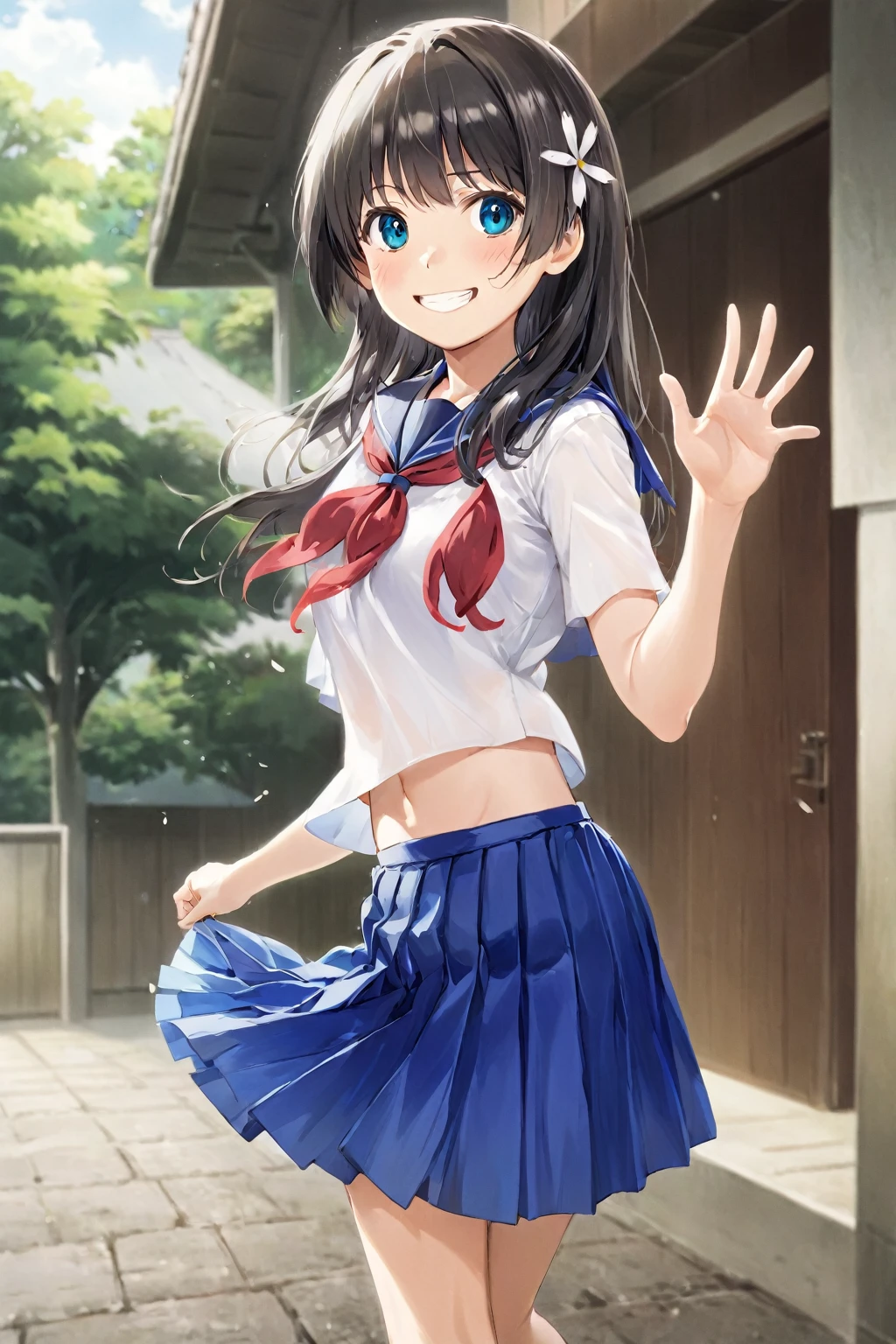 Saten Ruko,White serafuku with blue skirt,Cowboy shooting,Smile,external,summer,