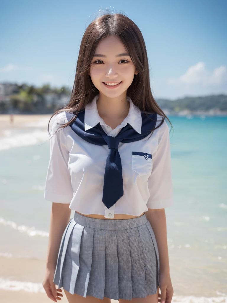 (1woman), (round eyes:1.2), (highly detailed face and eyes), (big smile),  Amazing face and eyes, (school uniform, pleated mini skirt:1.3), (Best Quality:1.4), (Ultra-detailed), (extremely detailed CG unified 8k wallpaper), Highly detailed, High-definition raw color photos, Professional Photography, Realistic portrait, summer, (beach), depth of fields, (fine face:1.2),