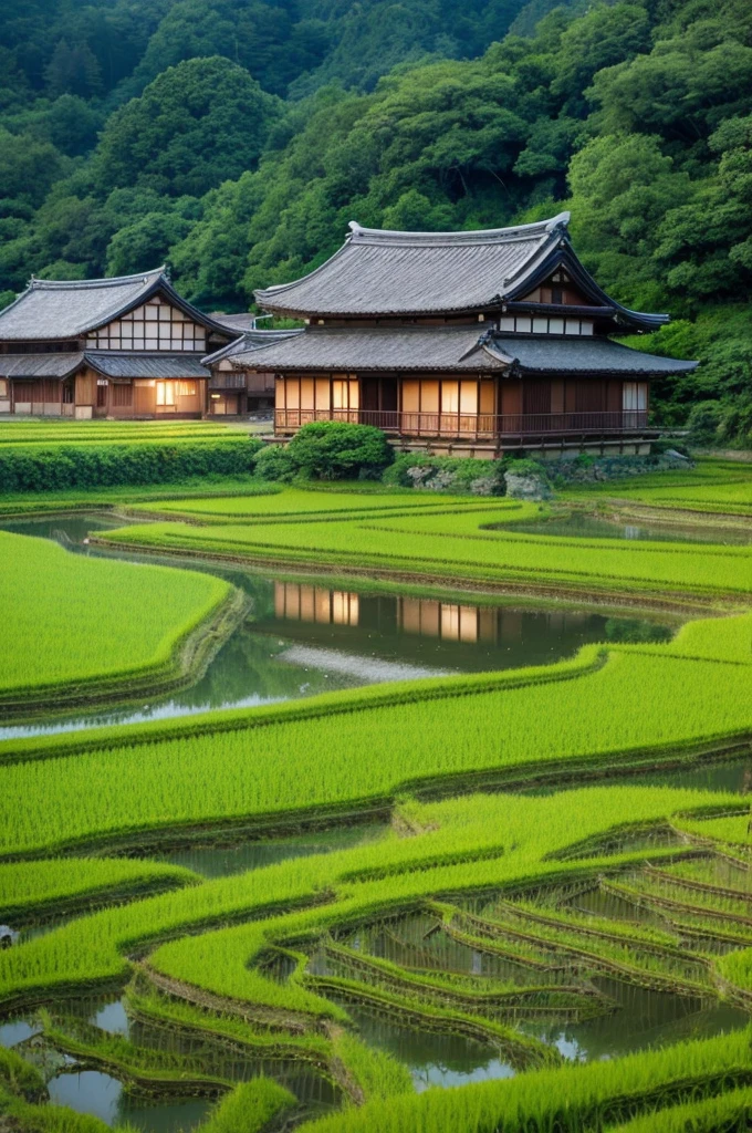 Ghibli style、Old house in Japan、Rice field in the evening