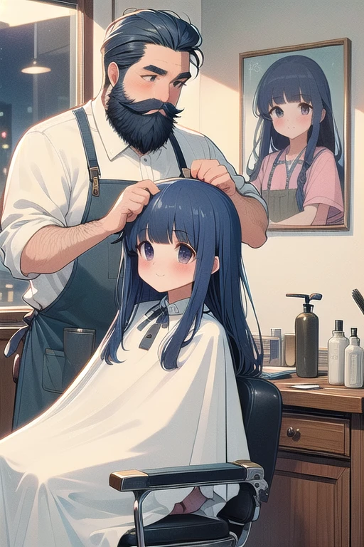 (((masterpiece))), (((Highest quality))), (((Half Body))), (((close))), ((Retro Barber Shop)), ((Two people)), ((A fat man with beard and dark hair wearing an apron、Has a mini comb for combing hair。)), ((A girl in a white cloth is sitting on a swivel chair)), window, mirror, Portrait poster, Faded red brick wall, Blue Hair, Long Hair, blunt bangs, shy, blush, smile, big , shape, ((night)), (((Twilight))),