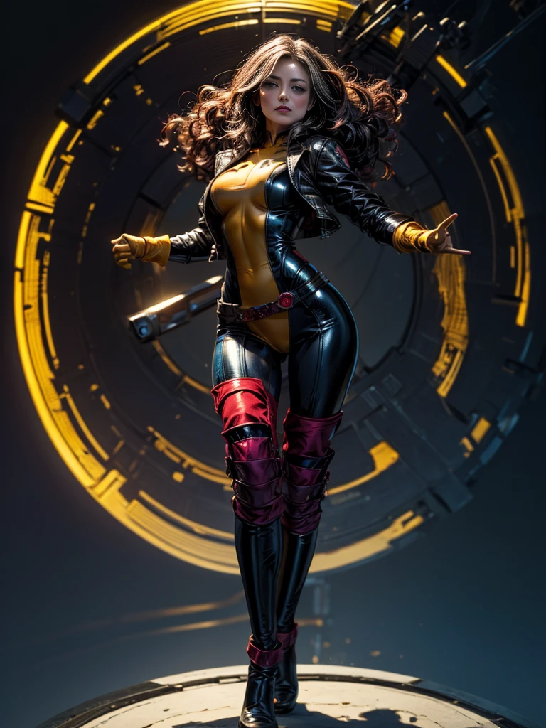 Olivia Wilde、masterpiece、High quality 4K、villain (X-Men)、Gothic Girl、Sculpted Body Gothic Makeup、Black jacket、Red and blue bodysuit、masterpiece、Highest quality、Cowboy Shots、One personの女の子、One person、Technology Military Bodysuit、fringe