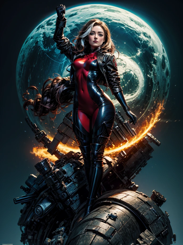 Olivia Wilde、masterpiece、High quality 4K、villain (X-Men)、Gothic Girl、Sculpted Body Gothic Makeup、Black jacket、Red and blue bodysuit、masterpiece、Highest quality、Cowboy Shots、One personの女の子、One person、Technology Military Bodysuit、fringe
