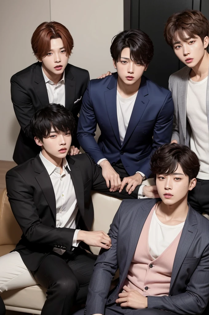 Park Jimin e Jeon Jungkook e Kim Taeyoung. They are both men and are in a company sitting in a room. Taeyoung has his hand on Jungkook's leg. They are from BTS.
