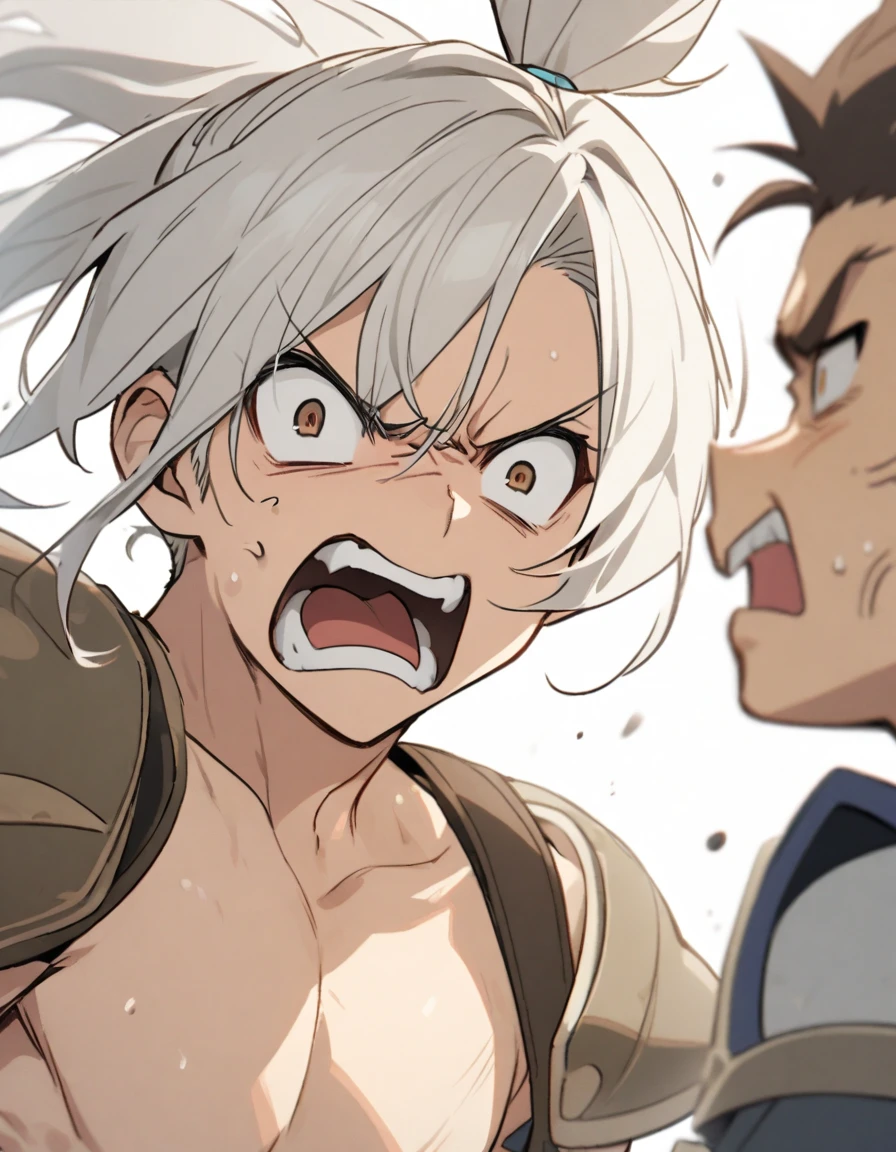 topless male, white hair, topknot, brown eyes, shoulder straps, shoulder armor, angry
