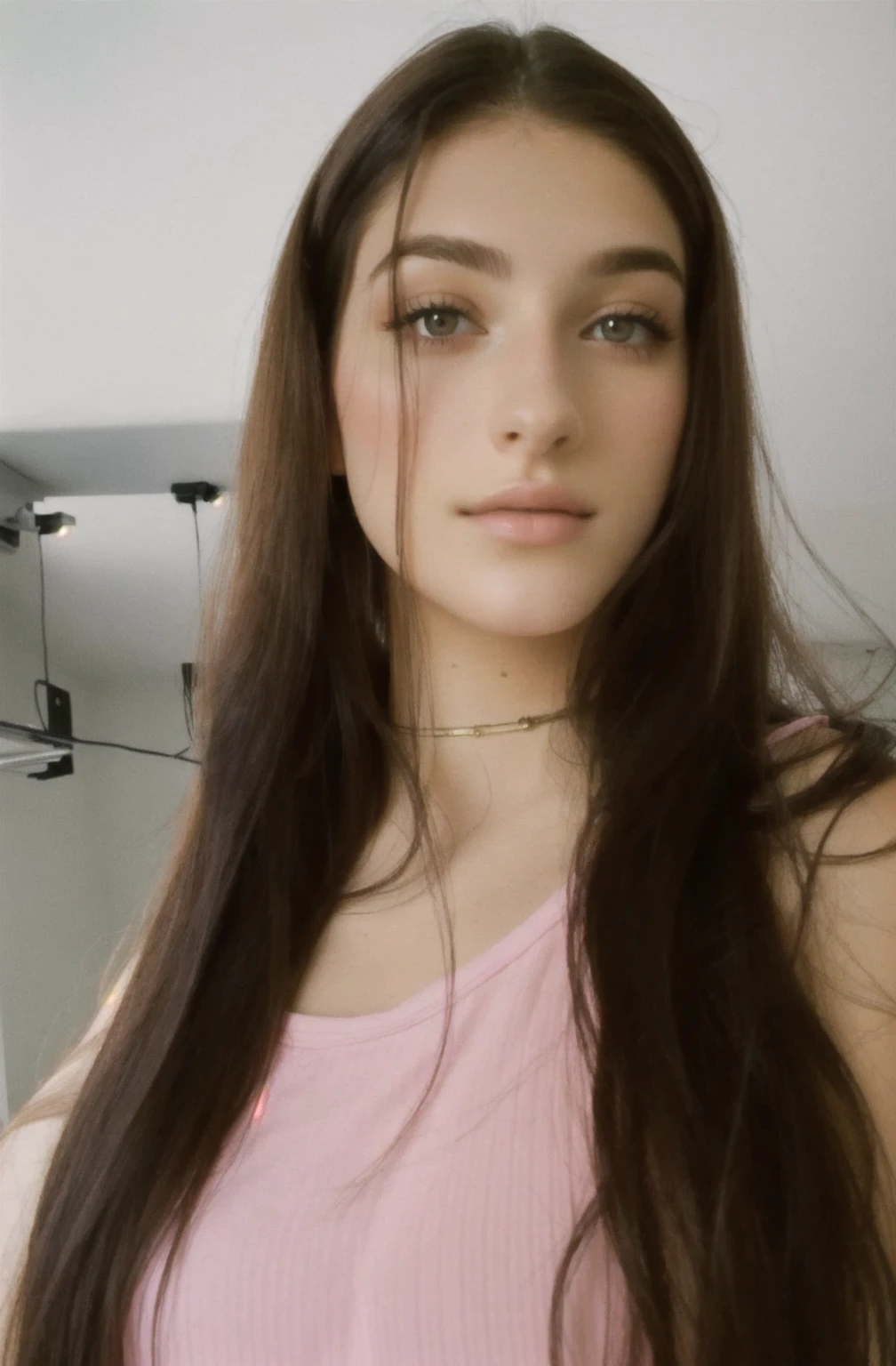 [work of art, best qualityer, 4K, PICTURE REALISTIC], Woman with long hair and a pink top posing for a photo, Kailee Mandel, in style of petra collins, 18 years old, Cristina Kritkou, 1 6 years old, 2 4 year old female model, very low quality image, Bella Poarca, low quality photograph, charli bowater, with long dark hair, violet myers